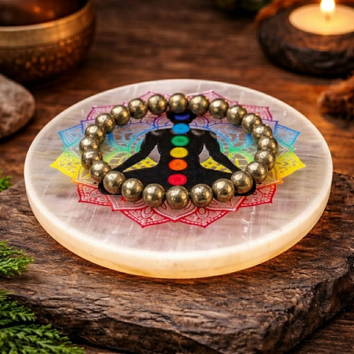 7 Chakra Selenite Plate (Round)