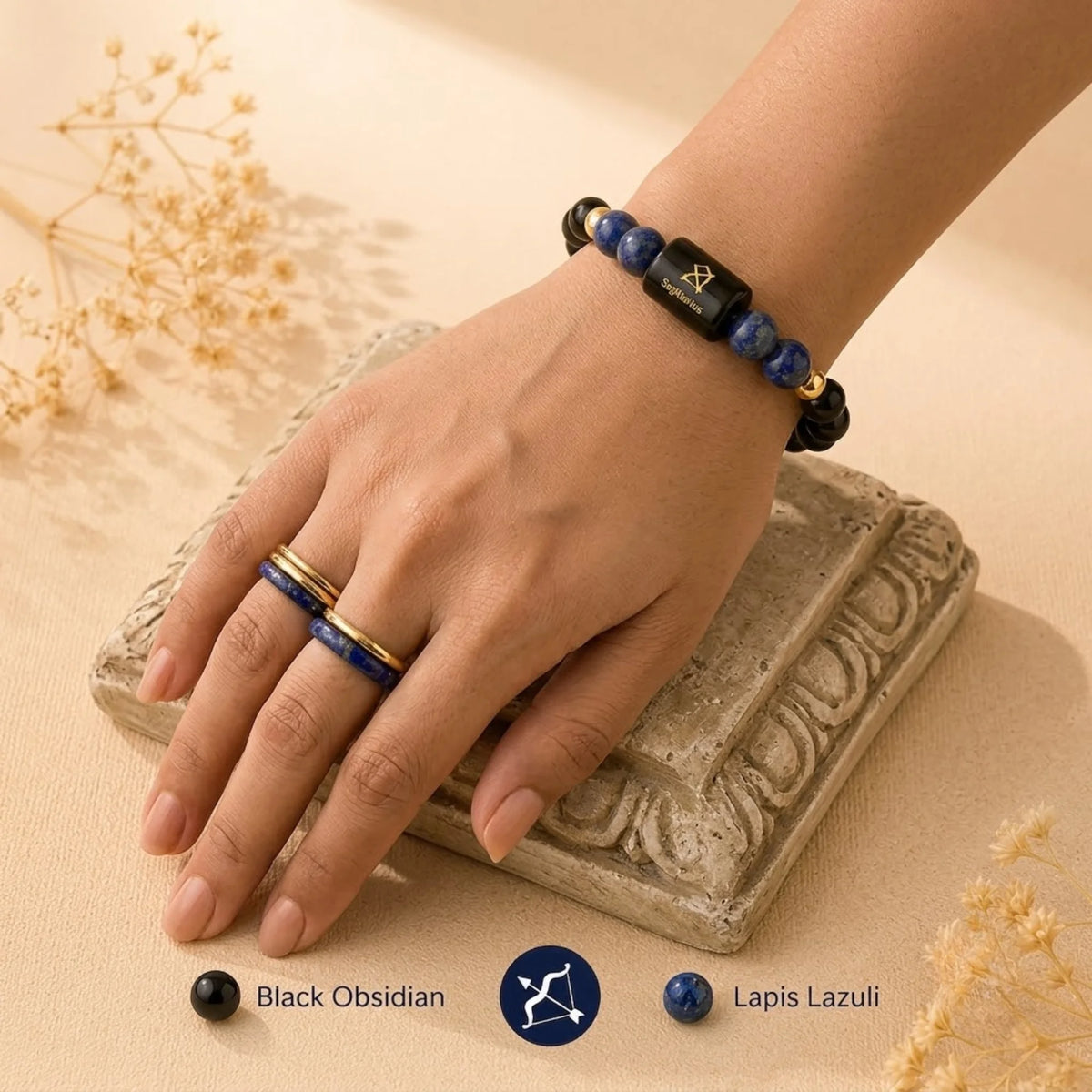 Sagittarius Zodiac Bracelet (धनु राशि) – Black Obsidian & Lapis Lazuli Bracelet