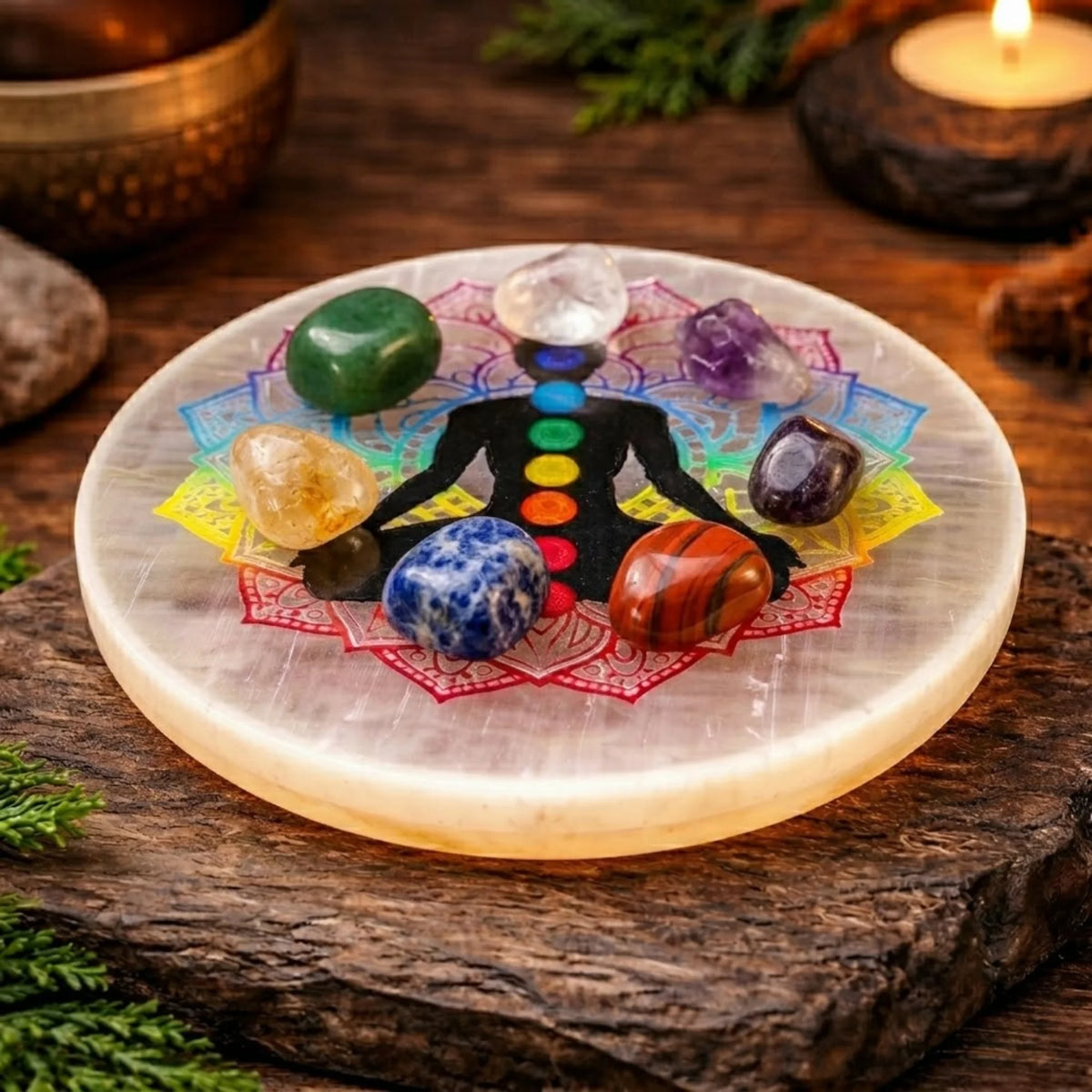 7 Chakra Selenite Plate (Round)