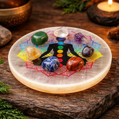 7 Chakra Selenite Plate (Round)