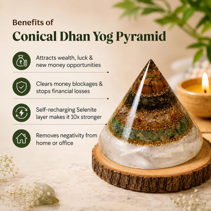 Conical Dhan Yog Pyramid with Selenite Base