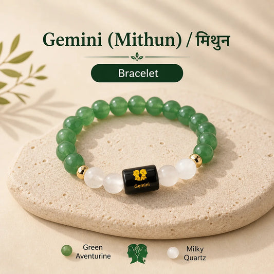Gemini Zodiac Bracelet (मिथुन राशि) – Green Aventurine &amp; Milky Quartz Bracelet