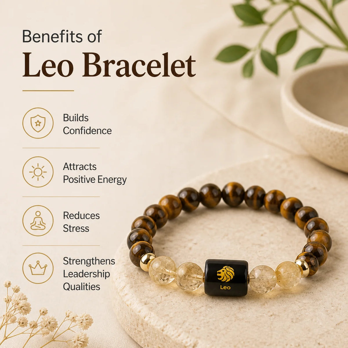 Leo Zodiac Bracelet (सिंह राशि) – Tiger Eye & Citrine Bracelet