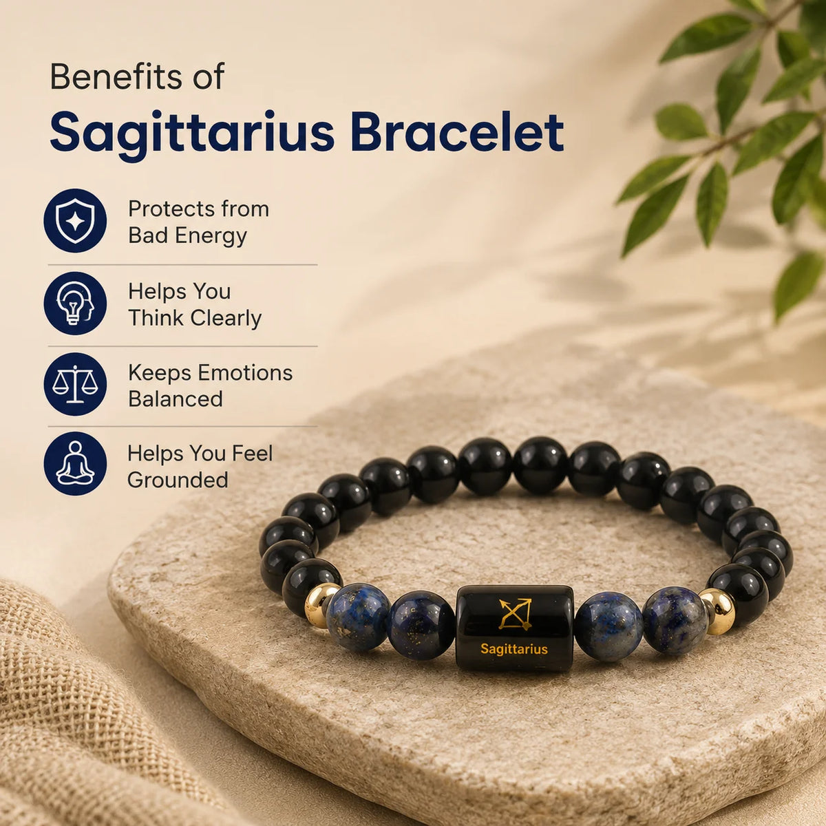 Sagittarius Zodiac Bracelet (धनु राशि) – Black Obsidian &amp; Lapis Lazuli Bracelet