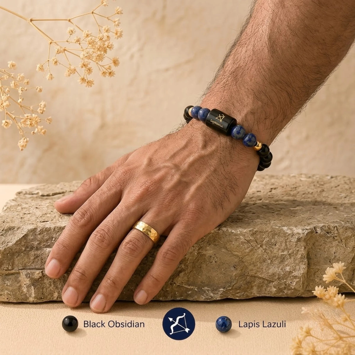 Sagittarius Zodiac Bracelet (धनु राशि) – Black Obsidian &amp; Lapis Lazuli Bracelet