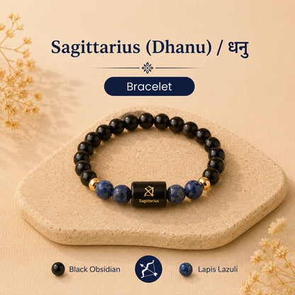 Sagittarius Zodiac Bracelet (धनु राशि) – Black Obsidian &amp; Lapis Lazuli Bracelet