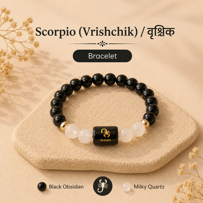 Scorpio Zodiac Bracelet (वृश्चिक राशि) – Black Obsidian & Milky Quartz Bracelet