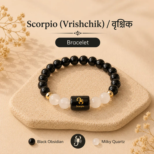 Scorpio Zodiac Bracelet (वृश्चिक राशि) – Black Obsidian & Milky Quartz Bracelet