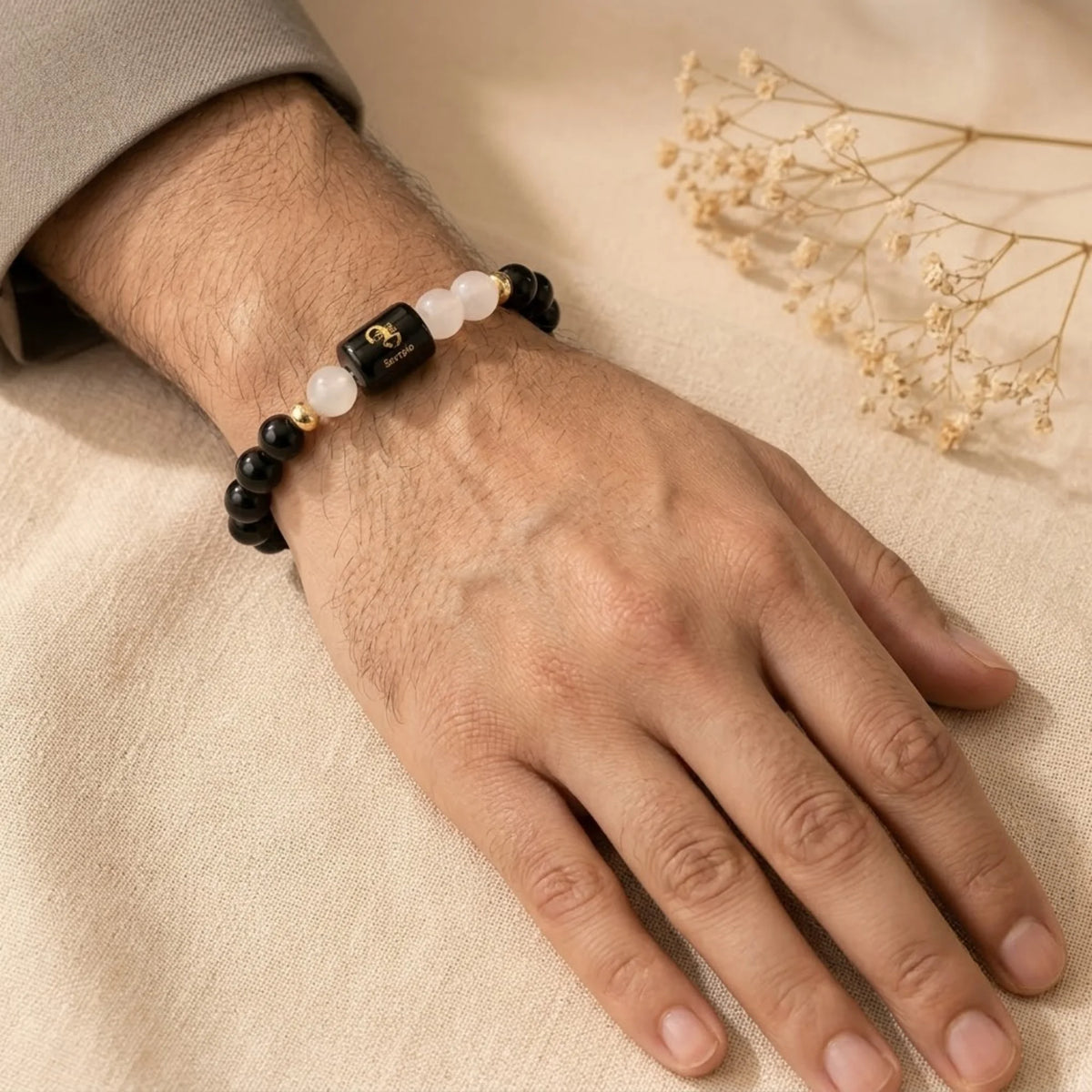 Scorpio Zodiac Bracelet (वृश्चिक राशि) – Black Obsidian & Milky Quartz Bracelet