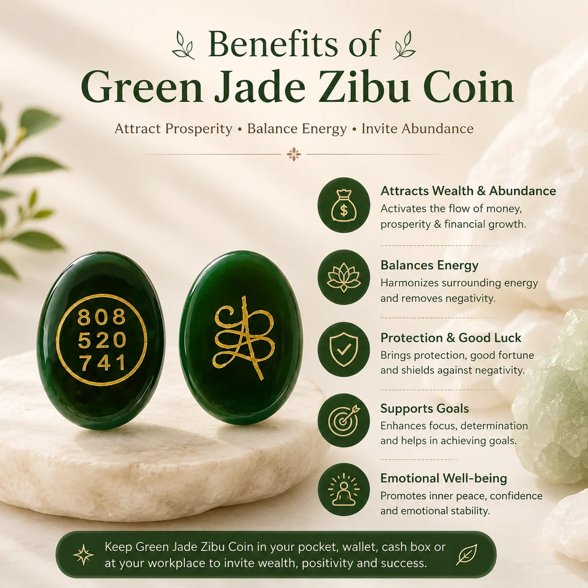 Green Jade Zibu Coin with Zibu Symbol