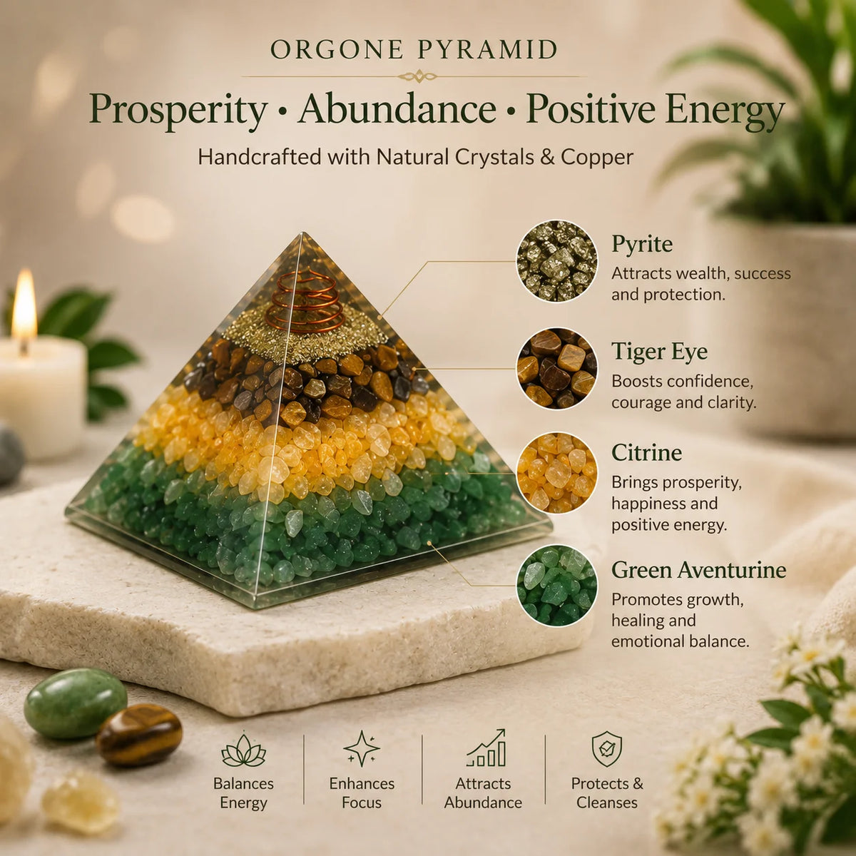 Money Magnet Pyramid – Citrine, Green Aventurine, Tiger Eye & Pyrite
