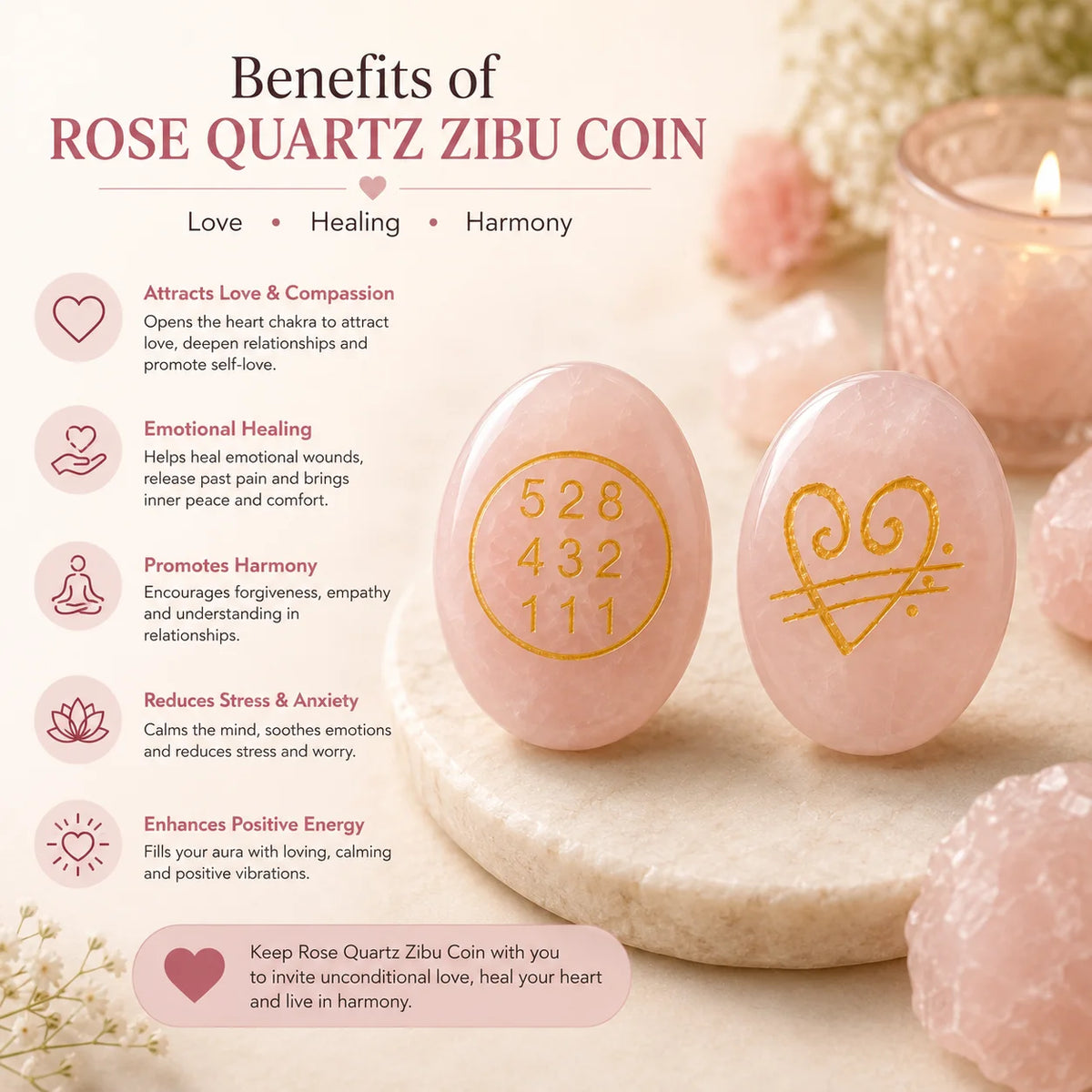 Rose Quartz Zibu Coin | For Emotional Healing & Attracts Love