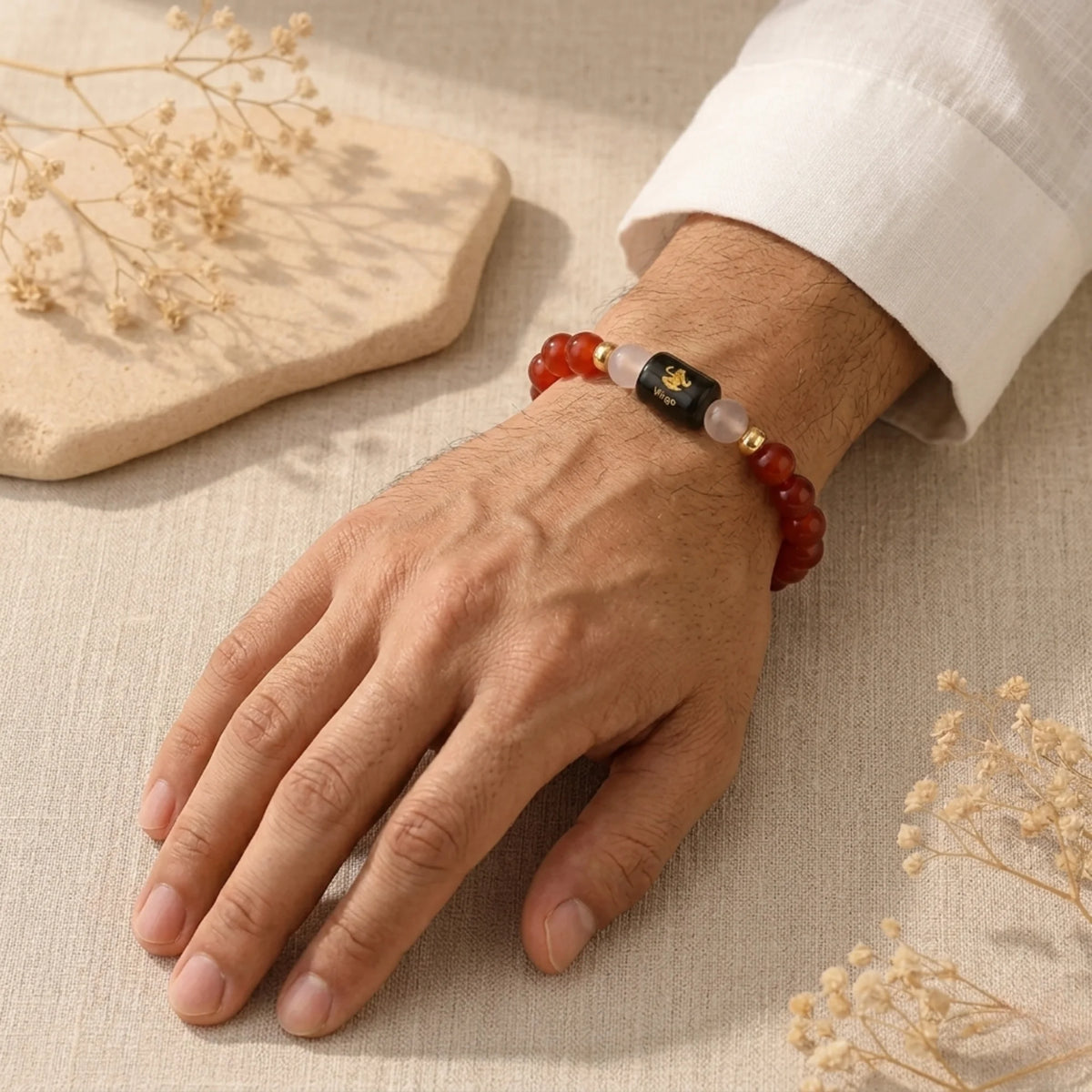 Virgo Zodiac Bracelet (कन्या राशि) – Carnelian &amp; Milky Quartz Bracelet